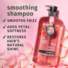 Rose hips smoothing shampoo bottle with checkmark text on pink floral label