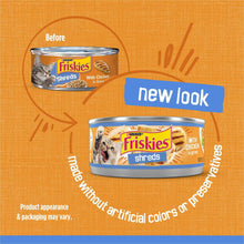 Wet cat food can labeled Friskies Shreds with chicken in gravy, new look panel.