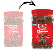 Dog treat canisters, red and light pink, with soft chew pieces