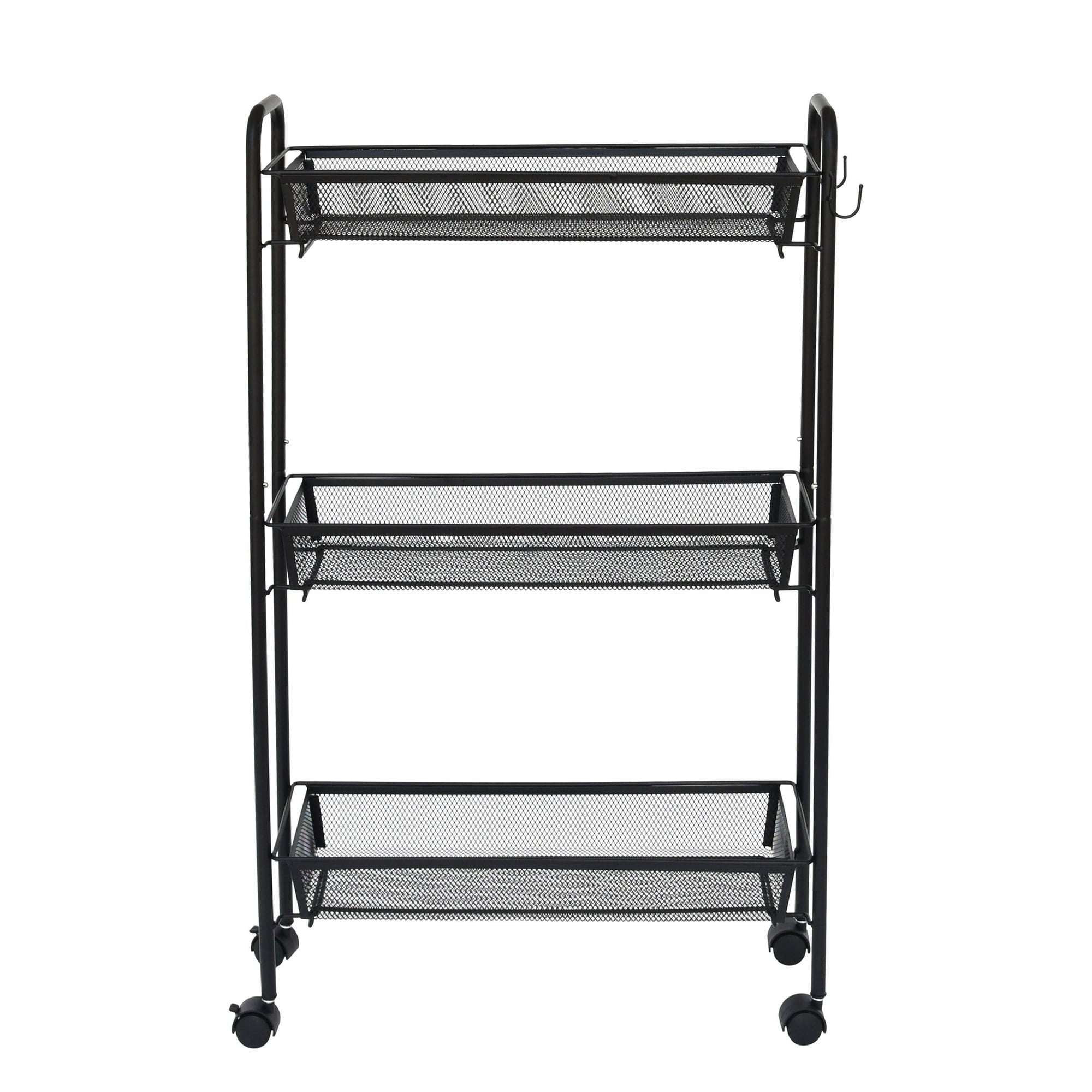 Mainstays Slim 3-Tier Rolling Bathroom Storage Cart with Hooks, Black