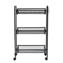 Black 3-tier rolling storage cart with three mesh shelves and casters