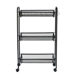 Mainstays Slim 3-Tier Rolling Bathroom Storage Cart with Hooks, Black