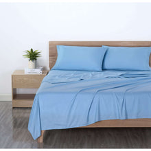 Light blue microfiber bed sheet set with two pillowcases and fitted flat sheets