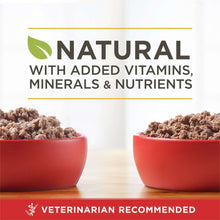 Dog food in red bowls with Natural with added vitamins, minerals and nutrients text