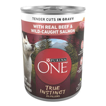 Purina ONE True Instinct wet dog food can with real beef & wild-caught salmon in gravy