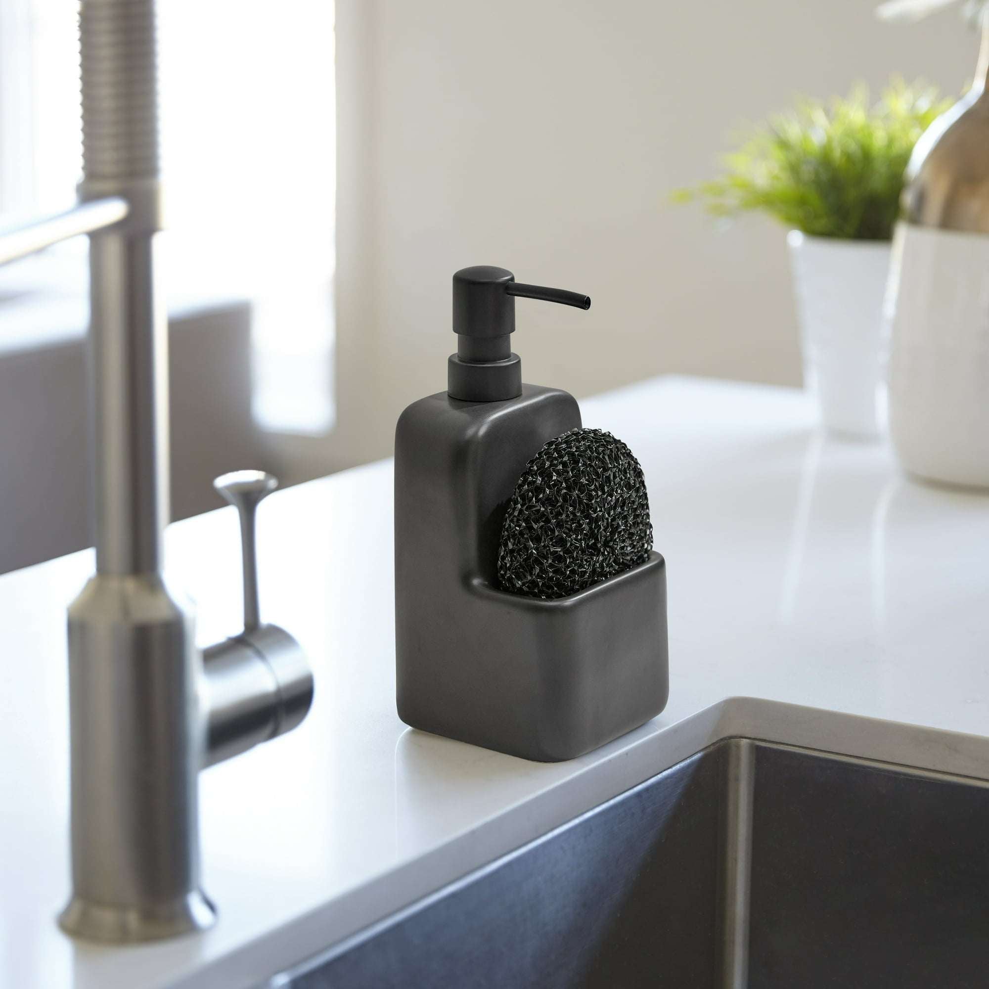 Mainstays Ceramic Kitchen Soap Dispenser with Pump and Sponge Holder, Sink Caddy Organizer for Dish Soap, Sponge and Cleaning Supplies, Black