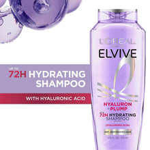 L'Oreal Paris Elvive Hyaluron Plump hydrating shampoo bottle with 72h label