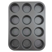 Gray square muffin pan with 12 round nonstick wells