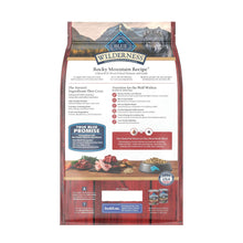 Dry dog food bag back panel with nutrition information and ingredient details