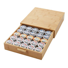Natural bamboo k-cup organizer box with sliding lid and coffee pods inside