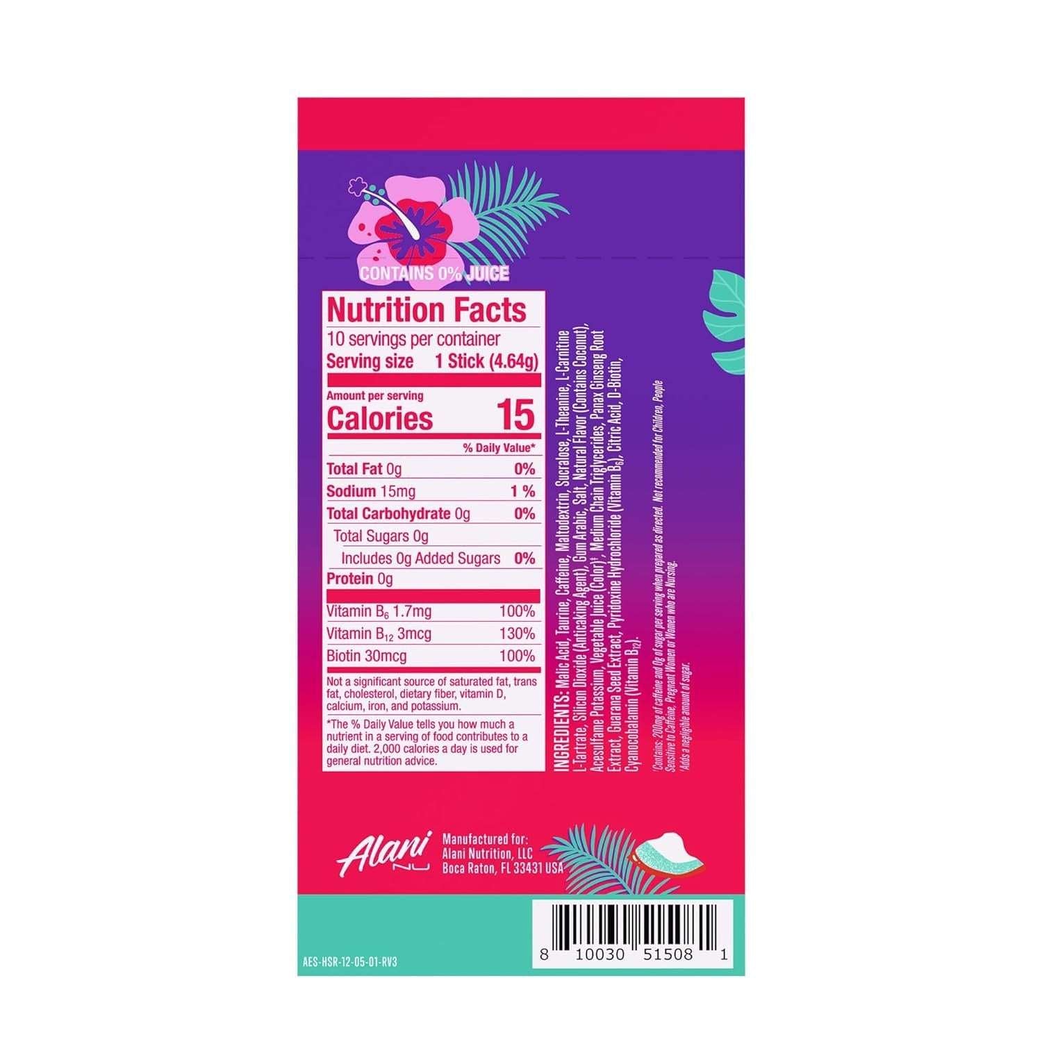 Alani Nu HAWAIIAN SHAVED ICE, Energy Sticks Drink Powder, 200mg Caffeine, Pre Workout Performance with Antioxidants, On-The-Go Drink Mix, Biotin, B Vitamins, Zero Sugar, 5 Calories, 10 Pack