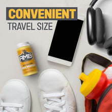 Travel-size anti friction body powder bottle with yellow label and white cap
