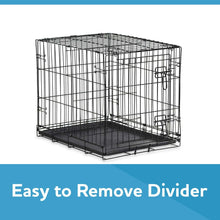 Wire dog crate with divider panel and black tray base