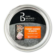 Pure Balance grain-free wet dog food tray labeled Turkey dinner in broth, 3.5 oz