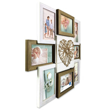 Rustic string art collage photo frame with eight openings in white and wood tones