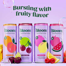 Sparkling energy drink cans with fruit flavors, four assorted Bloom can designs