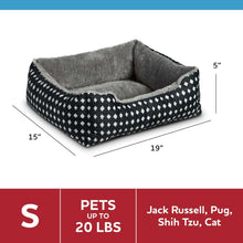 Black diamond-pattern pet bed with gray plush bolster and padded base, front view