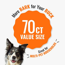 Dog with a twisted rawhide chew, 70 count value size badge
