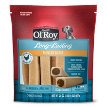 Long-lasting munchy bones dog chew bag front, showing tasty center and chew icons