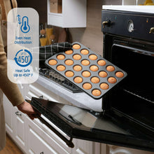 Mini muffin pan holding baked mini muffins in round cavities on oven rack