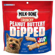 Milk-Bone Crunchy Peanut Buttery Dipped dog biscuits with Jif, red bag