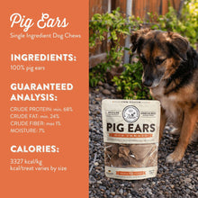 Butcher’s Naturals pig ears dog treats bag next to a sitting dog outdoors