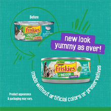 Friskies Indoor wet cat food can packaging with new look and preservatives note