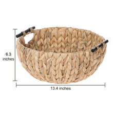 Woven water hyacinth decorative bowl with measurement markers and two wooden-look handles