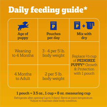 Pedigree puppy food daily feeding guide chart with pouch amounts by age