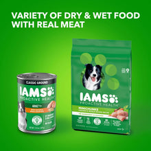IAMS Proactive Health wet dog food can and dry food pouch with real meat