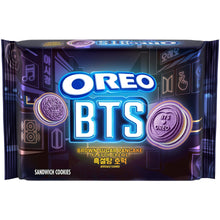OREO BTS sandwich cookie pack front view with neon 'OREO BTS' text and disc icons