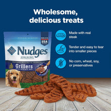 Blue Nudges Grillers dog treat bag with grilled treat pieces on a wooden surface