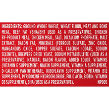 Ingredients label panel listing ground whole wheat, wheat flour, and meat and bone meal