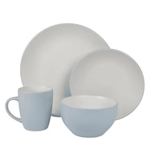Two-tone coupe dinnerware set: light blue cups and bowls with white plates