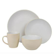 Two-tone coupe dinnerware: tan mug, white bowl, and two plates