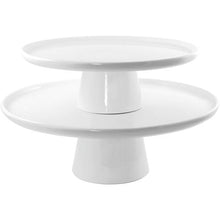 Two-tier white cake stand with round top plate and pedestal base