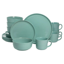Seafoam green stoneware dinnerware set, plates bowls and mugs stacked