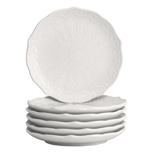White porcelain bread & butter plates, scalloped embossed pattern, stacked set view