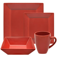 Red square stoneware dinnerware set with matching cup and serving dish pieces