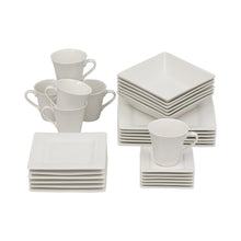 Stoneware dinnerware set with square plates and handle mugs, cream-white finish