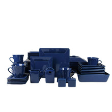 Dark blue square stoneware dinnerware set: plates, bowls, mugs and serving pieces