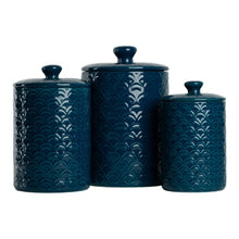 3-piece navy blue ceramic food canister set with sea-shell pattern and matching lids