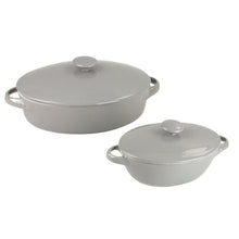 Gray covered stoneware casserole set with two lids and side handles