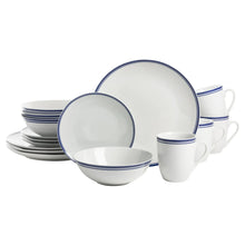 White ceramic dinnerware set with blue striped rims—plates, bowls, and mugs