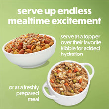 Wet dog food in gravy, served in two bowls with visible chicken stew pieces
