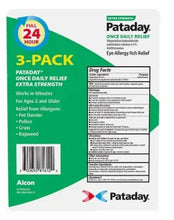 Pataday eye drops 3-pack back panel with drug facts and barcode.