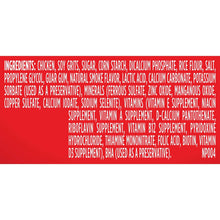 Red dog treat ingredient label with white text listing ingredients and supplements