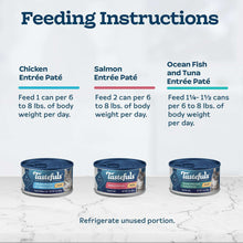 Wet cat food pâté feeding instructions with three can varieties.