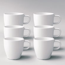 Set of six white coffee mugs with curved handles, ceramic-style 10 oz cups.