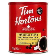 Ground coffee can with Tim Hortons Original Blend label, red canister with lid.